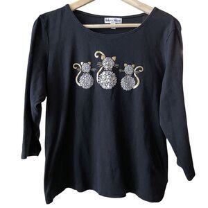 Rebecca Malone Women's Shirt Black Knit‎ Three Cats Glitter Beaded 3/4 Sleeve L